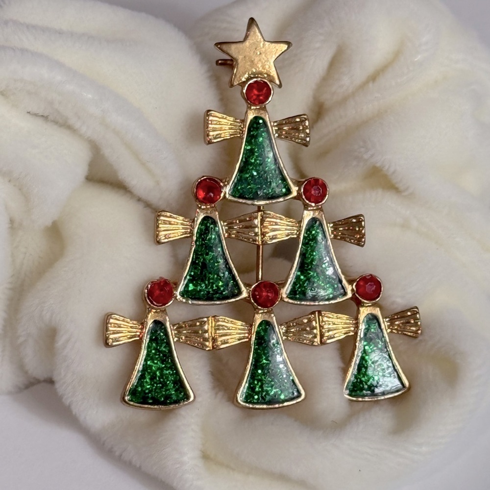 Vintage Festive Christmas Angel Tree Brooch with Red and Green Accents